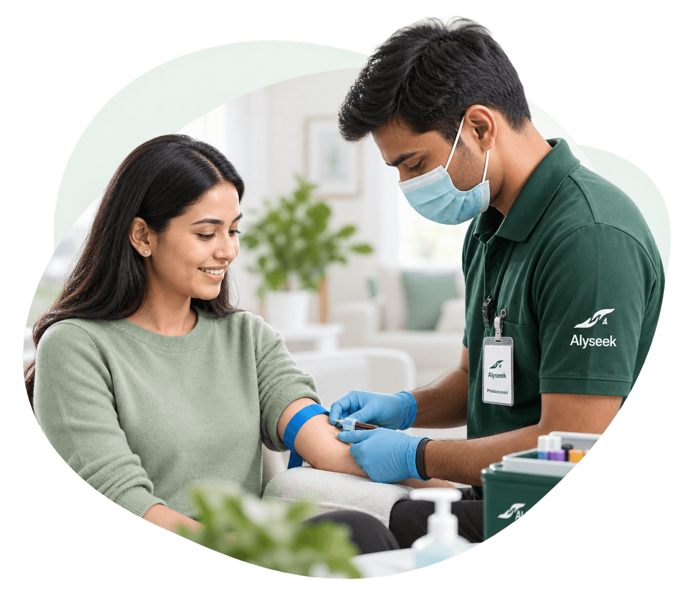 Verified phlebotomist collecting a blood sample at home