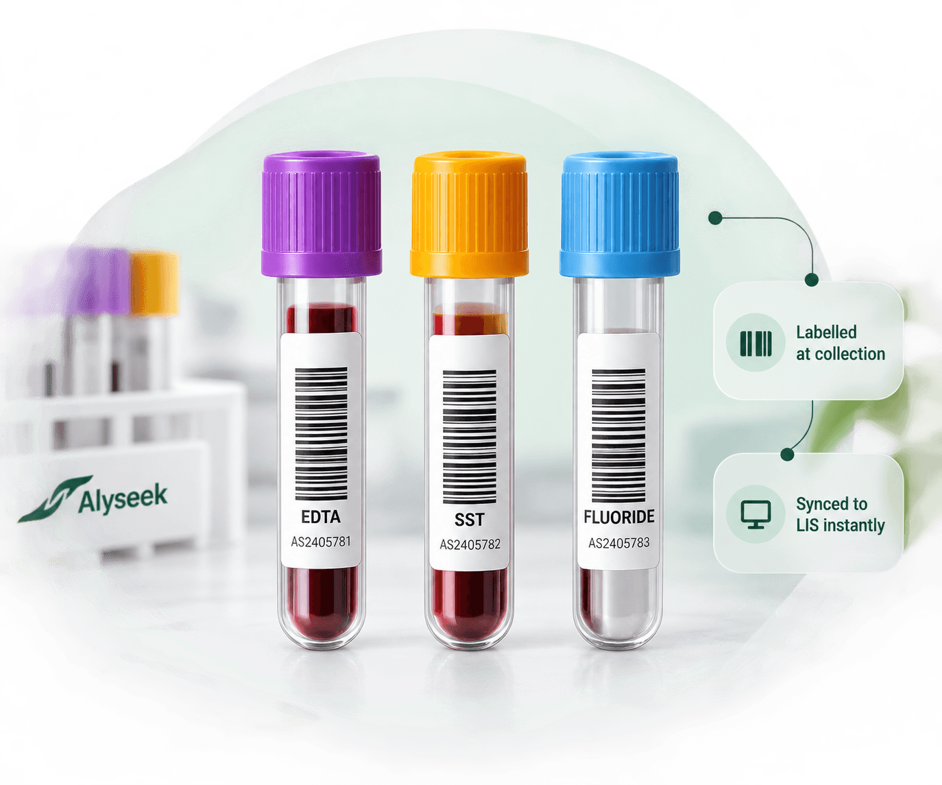 Blood collection tubes labelled with barcodes for laboratory tracking